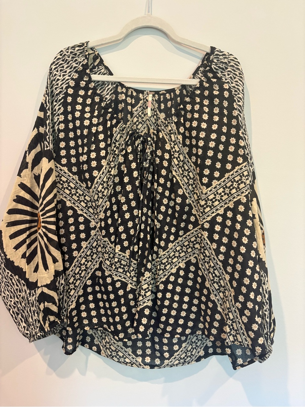 Free People Black and Cream Mixed-Print Peasant Blouse - Picture 2 of 6